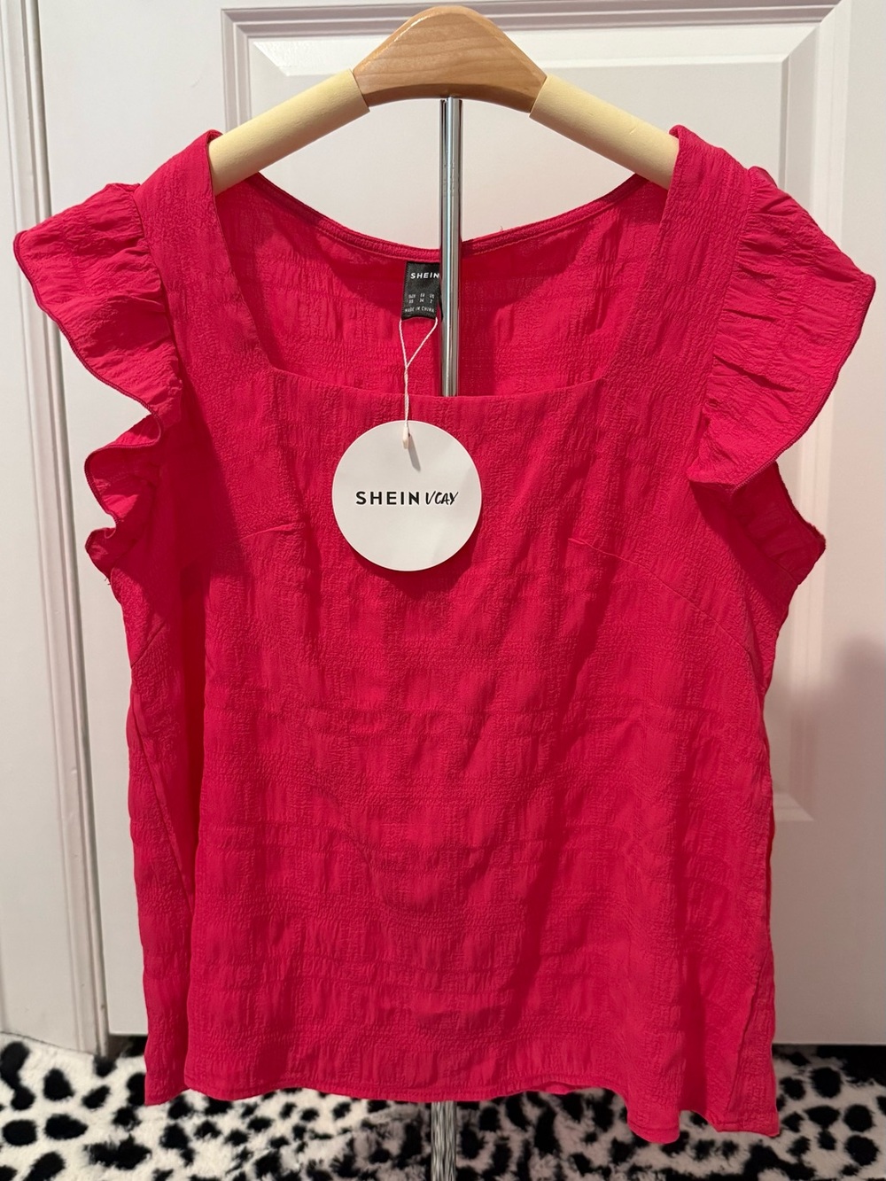 SHEIN Hot Pink Ruffle Sleeve Square Neck Tank Top